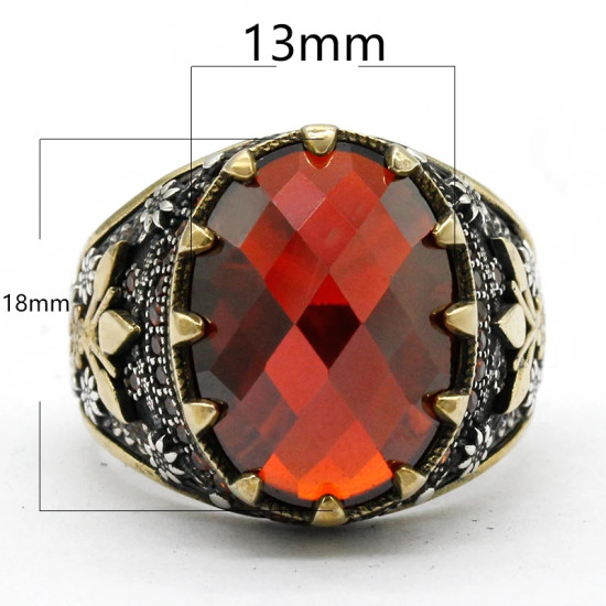 Anillo de Plata de Ley 925 para hombre, anillo de circón rojo ovalado para hombre, Vintage, Plata turca, joyería de moda, regalo - malaquita tienda 36