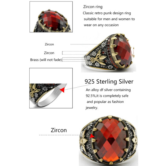Anillo de Plata de Ley 925 para hombre, anillo de circón rojo ovalado para hombre, Vintage, Plata turca, joyería de moda, regalo - malaquita tienda 36