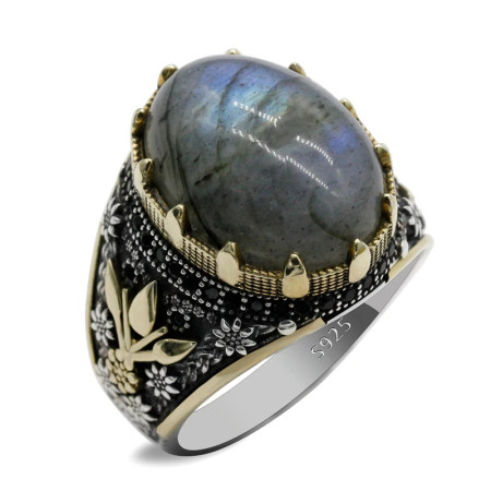 Anillo de boda turco hecho a mano con labradorita Natural para hombre, joyería de plata de ley 925 con estampado de pata, diseño de tendencia Retro Anillo de boda turco hecho a mano con labradorita Natural para hombre, joyería de plata de ley 925 con estampado de pata, diseño de tendencia Retro