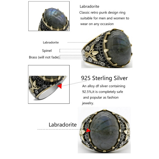 Anillo de boda turco hecho a mano con labradorita Natural para hombre, joyería de plata de ley 925 con estampado de pata, diseño de tendencia Retro - malaquita tienda 36