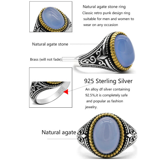 Anillo de ágata Natural Ovalada para hombre, Plata de Ley 925 auténtica, hecho a mano, turco, Retro, Punk, joyería, regalo de boda - malaquita tienda 36