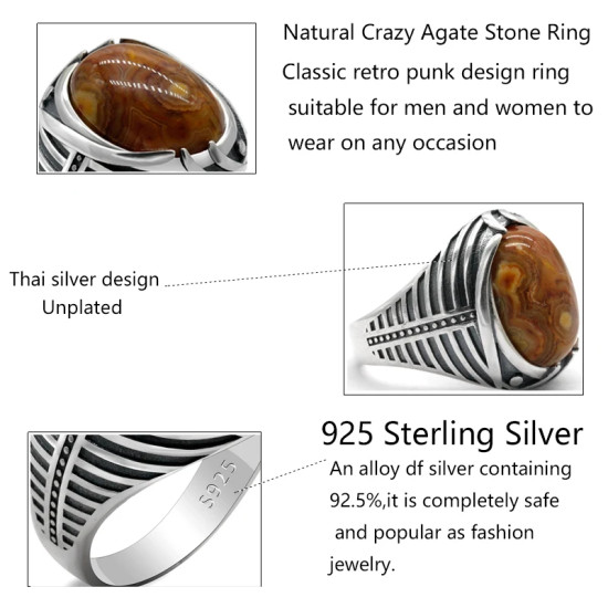 Turco joyería de plata de ley 925 anillo de los hombres con piedra de ágata Natural Retro Punk Simple de los hombres cumpleaños regalo de boda - malaquita tienda 36