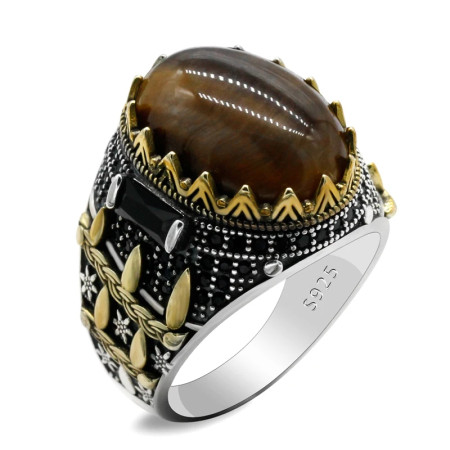 Anillo de plata s925 con ojo de tigre Natural para hombre y mujer, conjunto de joyería Vintage a la moda, novedad