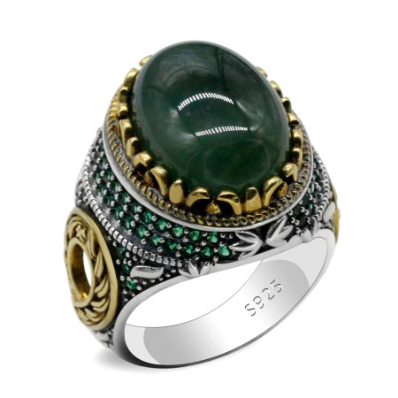 Anillo de plata pura S925 con ágata verde india natural hecho a mano, anillo de pareja de estilo punk, conjunto de joyería, anillo para mujer