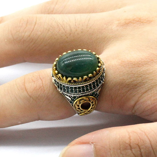 Anillo de plata pura S925 con ágata verde india natural hecho a mano, anillo de pareja de estilo punk, conjunto de joyería, anillo para mujer - malaquita tienda 36