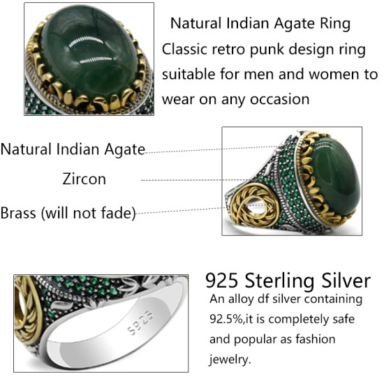 Anillo de plata pura S925 con ágata verde india natural hecho a mano, anillo de pareja de estilo punk, conjunto de joyería, anillo para mujer - malaquita tienda 36