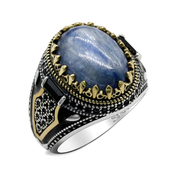 Anillo de joyería de estilo Punk turco para hombre con cianita Natural azul cielo, anillo de esmalte de circonia cúbica Retro de Plata de Ley 925, regalos para hombres y mujeres - malaquita tienda 36