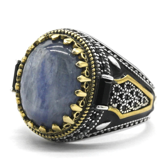 Anillo de joyería de estilo Punk turco para hombre con cianita Natural azul cielo, anillo de esmalte de circonia cúbica Retro de Plata de Ley 925, regalos para hombres y mujeres - malaquita tienda 36