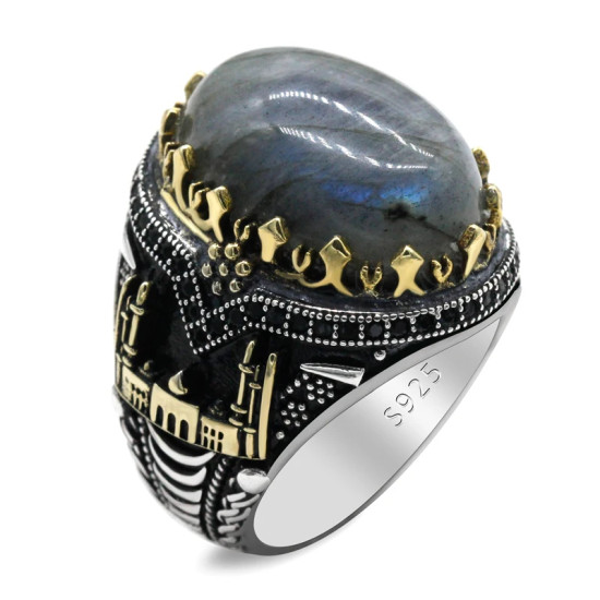 Anillo clásico de plata 925 para hombre con castillo de labradorita Natural, anillo de compromiso Retro Punk auspicioso de Turquía Constantinople - malaquita tienda 36