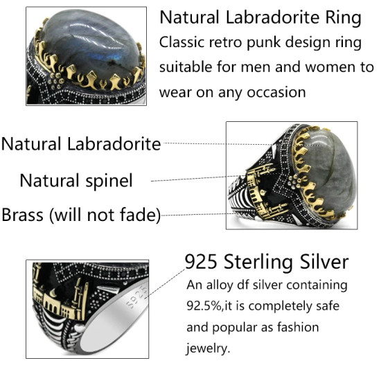 Anillo clásico de plata 925 para hombre con castillo de labradorita Natural, anillo de compromiso Retro Punk auspicioso de Turquía Constantinople - malaquita tienda 36
