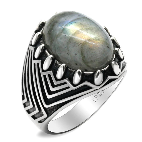 Anillo de Plata de Ley 925 con labradorita Natural Ovalada para hombre y mujer, sortija de compromiso, Estilo Vintage, clásico, turco - malaquita tienda 36