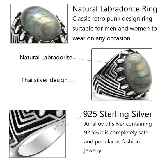 Anillo de Plata de Ley 925 con labradorita Natural Ovalada para hombre y mujer, sortija de compromiso, Estilo Vintage, clásico, turco - malaquita tienda 36