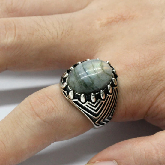 Anillo de Plata de Ley 925 con labradorita Natural Ovalada para hombre y mujer, sortija de compromiso, Estilo Vintage, clásico, turco - malaquita tienda 36