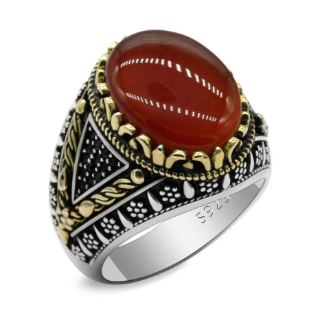 Anillo de plata 925 ovalado para hombre y mujer, de alta calidad, piedra Ágata roja Natural, joyería turca Punk, anillo de boda Anillo de plata 925 ovalado para hombre y mujer, de alta calidad, piedra Ágata roja Natural, joyería turca Punk, anillo de boda