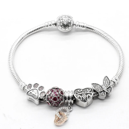 Pulsera clásica de Plata de Ley 925 con forma de corazón, mariposa rosa, corazón de amor, fabricación de joyería Pulsera clásica de Plata de Ley 925 con forma de corazón, mariposa rosa, corazón de amor, fabricación de joyería