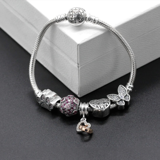 Pulsera clásica de Plata de Ley 925 con forma de corazón, mariposa rosa, corazón de amor, fabricación de joyería - malaquita tienda 36