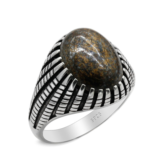 Anillo de Plata de Ley 925 con piedra gris bronce Natural, sencillo, clásico y elegante para hombre, joyería turca hecha a mano, anillo exquisito - malaquita tienda 36