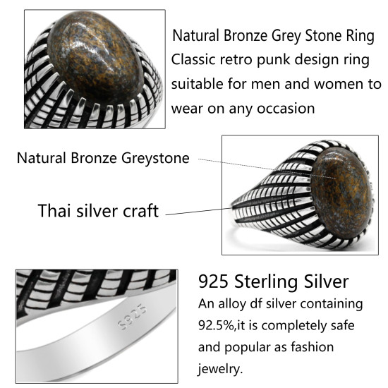 Anillo de Plata de Ley 925 con piedra gris bronce Natural, sencillo, clásico y elegante para hombre, joyería turca hecha a mano, anillo exquisito - malaquita tienda 36