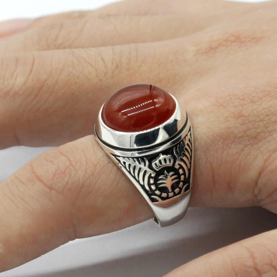 Anillo de Plata de Ley 925 con piedra de ágata roja Natural, joyería Punk turca Retro, anillo clásico de tendencia para hombres, anillo de fiesta, joyería de regalo - malaquita tienda 36