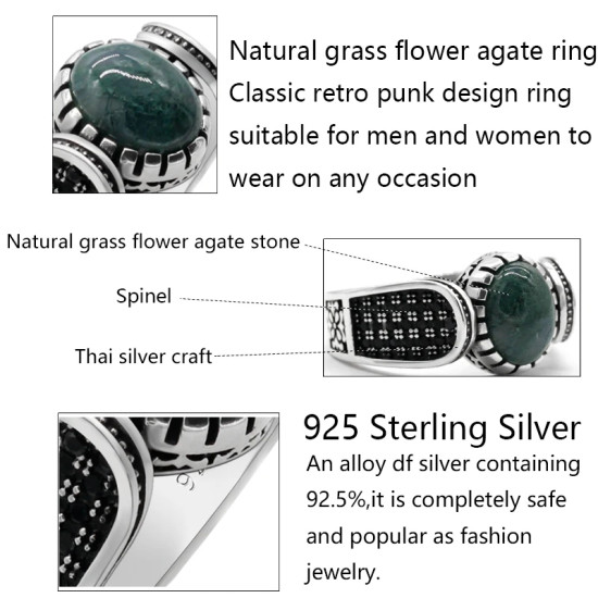 Anillo de Plata de Ley 925 con piedra de ágata de vegetación Natural para hombre y mujer, joyería de lujo hecha a mano, estilo Punk - malaquita tienda 36
