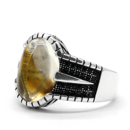 Anillo de plata de ley s925 con piedra Natural, estilo Punk turco, moda Retro, anillos de boda clásicos para hombres y mujeres