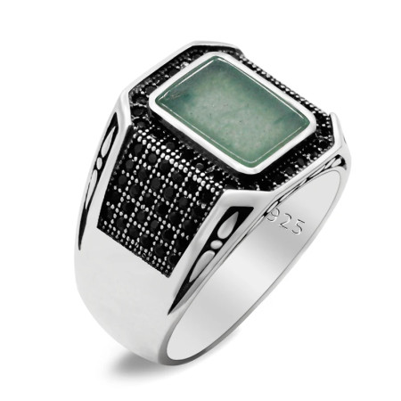 Anillos de plata de ley 925 con Aventurina Natural para hombre y mujer, diseño de bordes, estilo Punk turco, regalo de cumpleaños, nuevo estilo Anillos de plata de ley 925 con Aventurina Natural para hombre y mujer, diseño de bordes, estilo Punk turco, regalo de cumpleaños, nuevo estilo