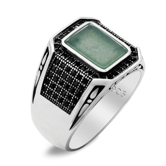 Anillos de plata de ley 925 con Aventurina Natural para hombre y mujer, diseño de bordes, estilo Punk turco, regalo de cumpleaños, nuevo estilo - malaquita tienda 36