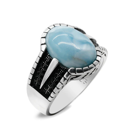 Anillo de plata de ley S925 para hombre y mujer, piedra con patrón de mar Natural, estilo Punk turco, clásico, regalo