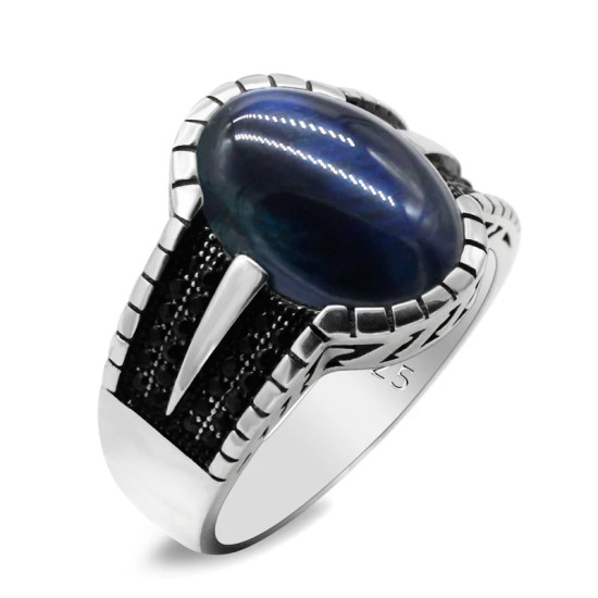 Anillo de plata de ley S925, Ojo de tigre azul Natural, regalo hecho a mano, estilo Punk, exquisito - malaquita tienda 36