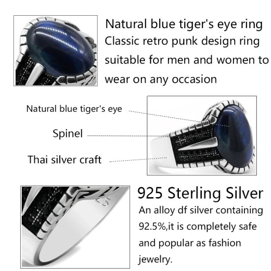 Anillo de plata de ley S925, Ojo de tigre azul Natural, regalo hecho a mano, estilo Punk, exquisito - malaquita tienda 36