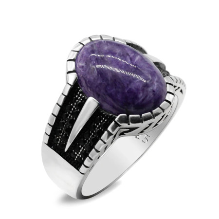 Anillo de Plata de Ley 925 con piedra de dragón púrpura para hombres y mujeres, joyería de boda, estilo Punk turco Original, exquisito Anillo de Plata de Ley 925 con piedra de dragón púrpura para hombres y mujeres, joyería de boda, estilo Punk turco Original, exquisito