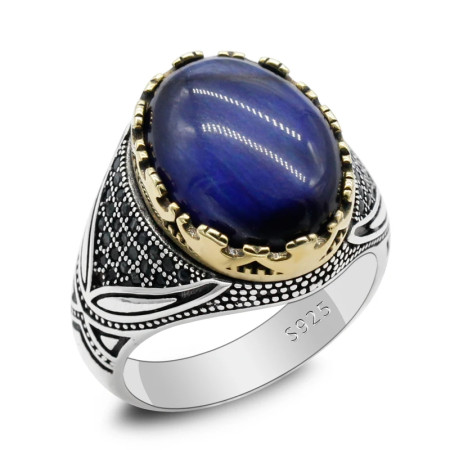 Anillo de Plata de Ley 925 con piedra de ojo de tigre azul Natural para hombre y mujer, diseño de tendencia hecho a mano, joyería exquisita Punk Anillo de Plata de Ley 925 con piedra de ojo de tigre azul Natural para hombre y mujer, diseño de tendencia hecho a mano, joyería exquisita Punk