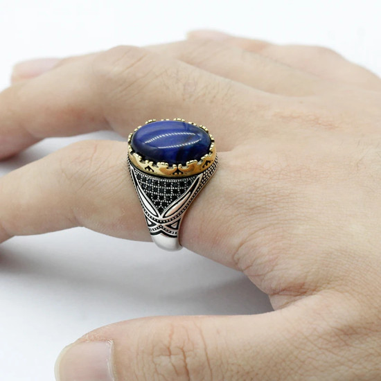 Anillo de Plata de Ley 925 con piedra de ojo de tigre azul Natural para hombre y mujer, diseño de tendencia hecho a mano, joyería exquisita Punk - malaquita tienda 36