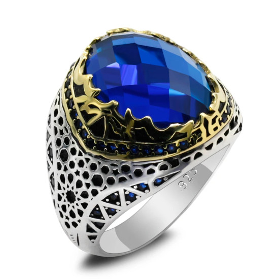 Anillo de plata de ley S925 con circonita azul, sortija hecha A mano, diseño de fiesta, Festival - malaquita tienda 36