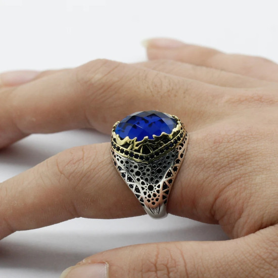 Anillo de plata de ley S925 con circonita azul, sortija hecha A mano, diseño de fiesta, Festival - malaquita tienda 36