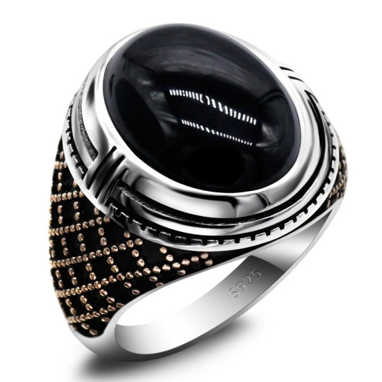 Anillo de Plata de Ley 925 para hombre, anillo clásico de Turquía, Vintage, piedra de ónix negro Natural, anillo de piedra grande para hombre, anillo de plata con piedra - malaquita tienda 36