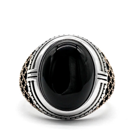 Anillo de Plata de Ley 925 para hombre, anillo clásico de Turquía, Vintage, piedra de ónix negro Natural, anillo de piedra grande para hombre, anillo de plata con piedra