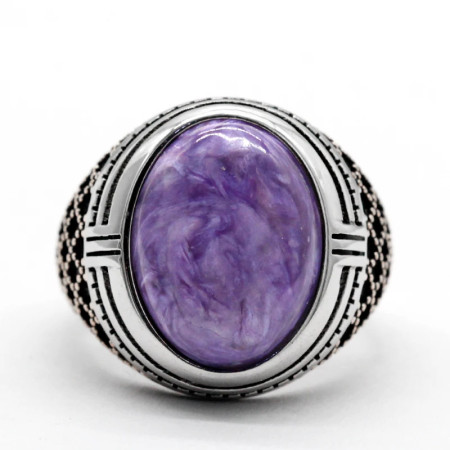 Anillo de Plata de Ley 925 para hombre, anillo clásico de Turquía, piedra de dragón púrpura Natural, anillo de piedra grande, anillo de plata para hombre con piedra