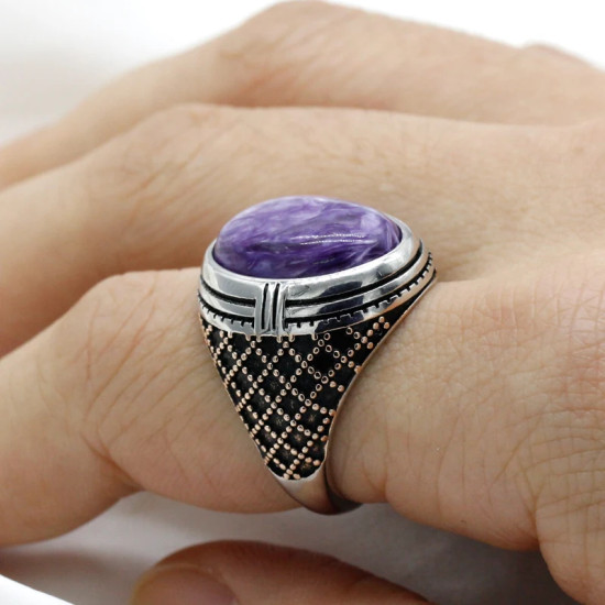Anillo de Plata de Ley 925 para hombre, anillo clásico de Turquía, piedra de dragón púrpura Natural, anillo de piedra grande, anillo de plata para hombre con piedra - malaquita tienda 36