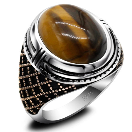 Anillo de Plata de Ley 925 para hombre, anillo clásico de Turquía, Vintage, Ojo de Tigre Natural, Dashi, anillo de plata para hombre con piedra