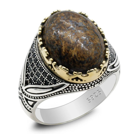 Anillo hecho a mano de plata pura S925 para hombre, joyería de piedra gris bronce natural, anillo de boda para fiesta y vacaciones