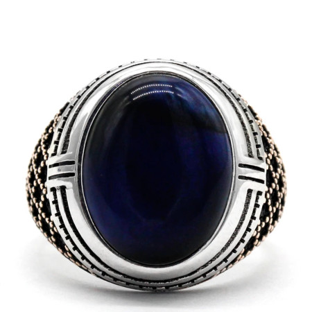 Anillo de plata de ley S925 para hombre, Ojo de Tigre azul Natural, regalo hecho a mano, joyería de vacaciones de estilo Punk tmurkiye