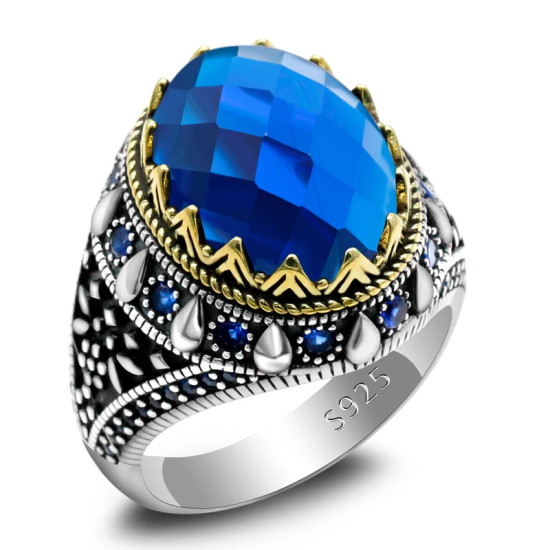Anillo de plata de ley S925 para hombre, joyería hecha a mano de circonita azul, estilo Punk, regalo de San Valentín, regalo de aniversario - malaquita tienda 36