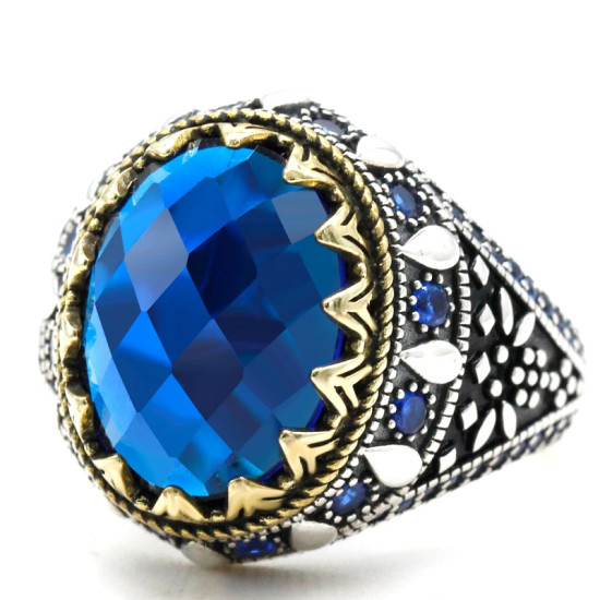 Anillo de plata de ley S925 para hombre, joyería hecha a mano de circonita azul, estilo Punk, regalo de San Valentín, regalo de aniversario - malaquita tienda 36