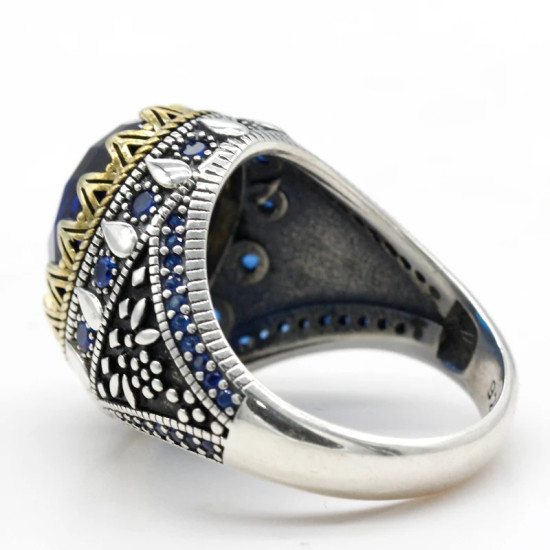 Anillo de plata de ley S925 para hombre, joyería hecha a mano de circonita azul, estilo Punk, regalo de San Valentín, regalo de aniversario - malaquita tienda 36