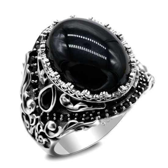 Anillo de Plata de Ley 925 con ónix negro Natural para hombre y mujer, joyería Punk turca Vintage, conjunto de joyas de tendencia, anillos de pareja - malaquita tienda 36