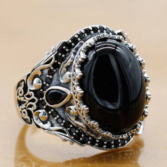 Anillo de Plata de Ley 925 con ónix negro Natural para hombre y mujer, joyería Punk turca Vintage, conjunto de joyas de tendencia, anillos de pareja - malaquita tienda 36