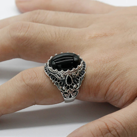 Anillo de Plata de Ley 925 con ónix negro Natural para hombre y mujer, joyería Punk turca Vintage, conjunto de joyas de tendencia, anillos de pareja - malaquita tienda 36