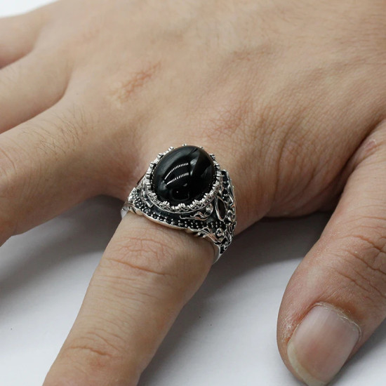Anillo de Plata de Ley 925 con ónix negro Natural para hombre y mujer, joyería Punk turca Vintage, conjunto de joyas de tendencia, anillos de pareja - malaquita tienda 36