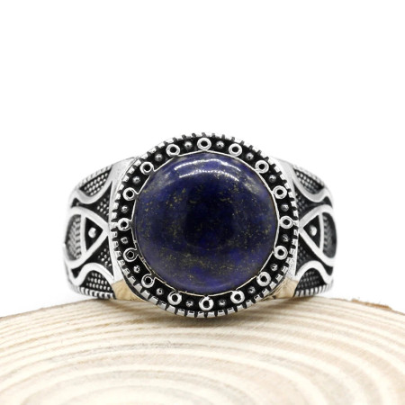 Anillo hecho a mano de plata de ley S925 con lapislázuli natural, ágata natural hecha a mano para hombre, regalo de fiesta navideña